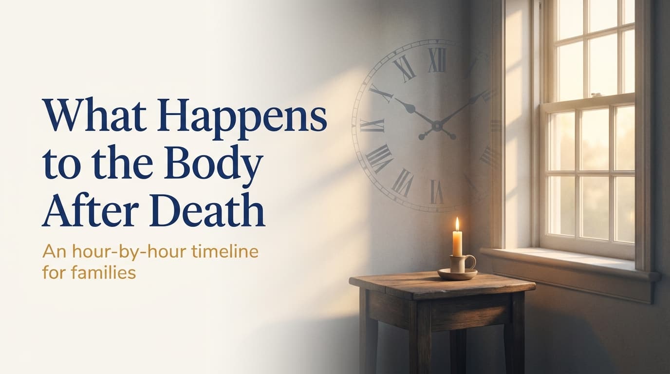 Soft, respectful illustration representing the quiet hours after a death, with a candle and clock motif in Linkora brand blue and amber