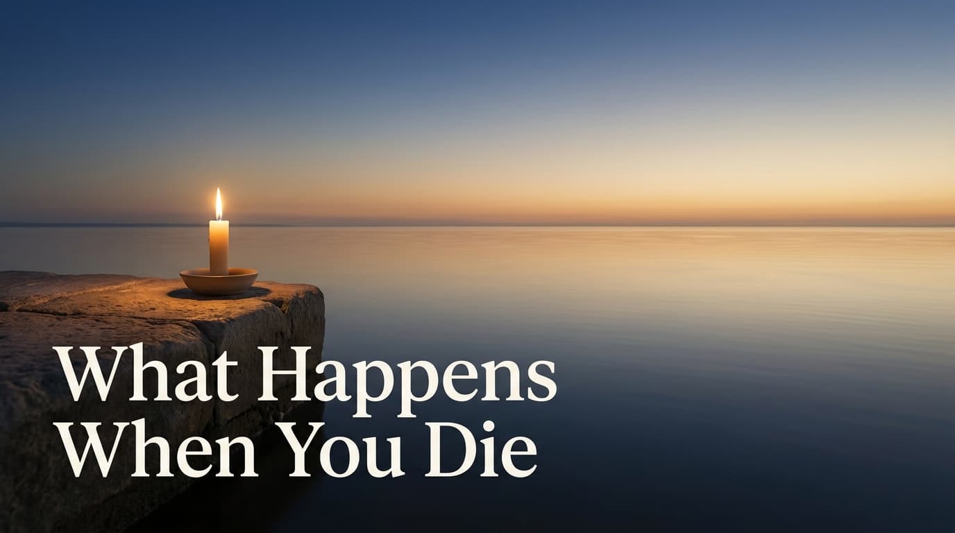 Soft candlelit still life representing the passage from life to memory, with the title What Happens When You Die