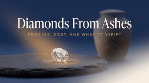 Diamonds from ashes: a memorial diamond resting beside a cremation urn, in Linkora brand navy and amber tones