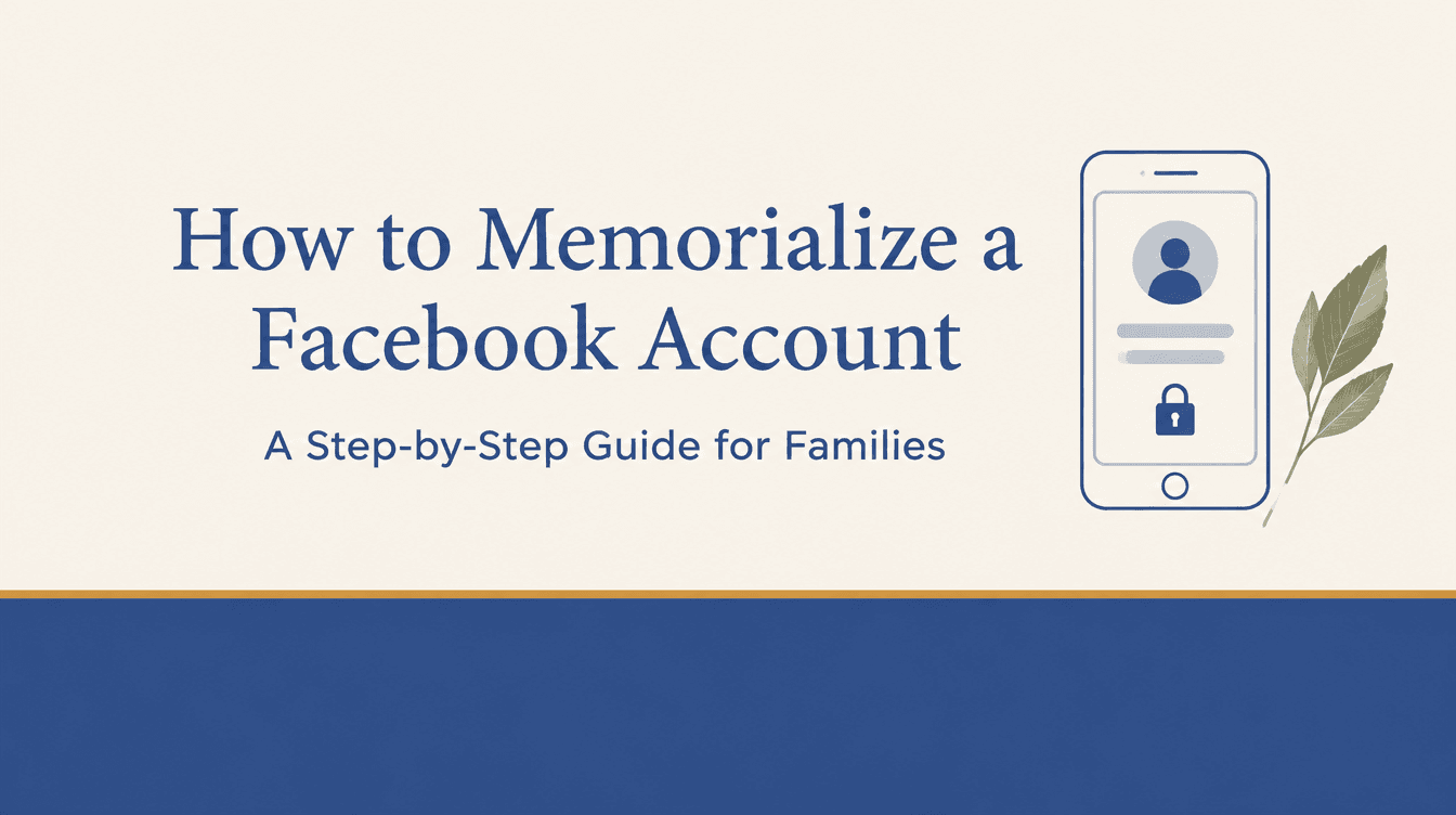 Editorial header graphic for a guide on how to memorialize a Facebook account, in Linkora navy and amber brand colors