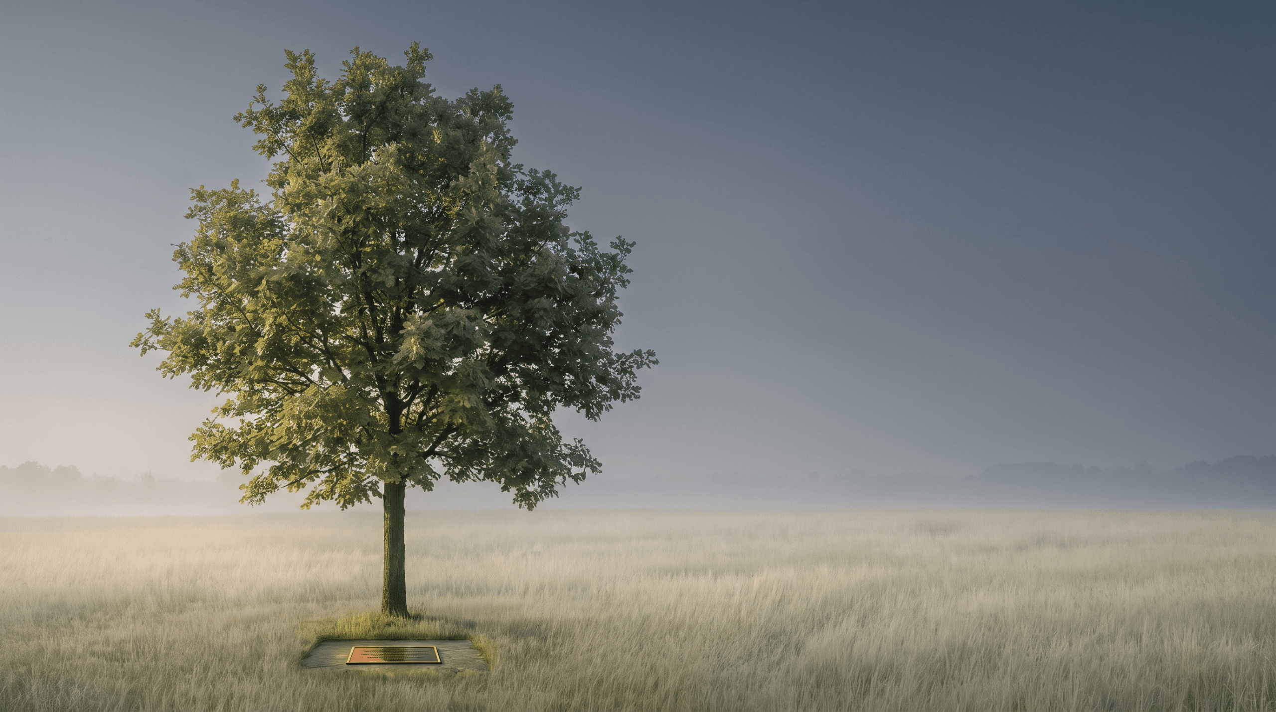 A young oak memorial tree with a small bronze dedication plaque at its base in soft morning light, representing memorial tree planting as a living tribute
